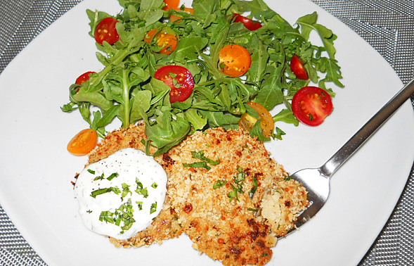 Crispy Cauliflower Cakes with Yogurt Herb Sauce and Arugula Salad | Voskos®